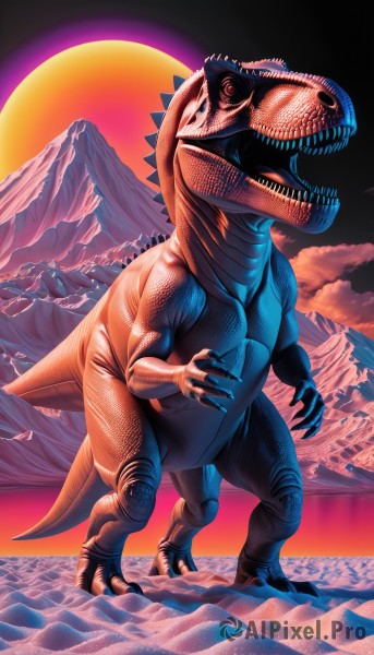 solo,open mouth,red eyes,standing,tail,full body,outdoors,sky,teeth,cloud,pokemon (creature),no humans,sharp teeth,claws,sunset,monster,mountain,realistic,sun,scales,dinosaur,kaijuu,blue eyes,mount fuji