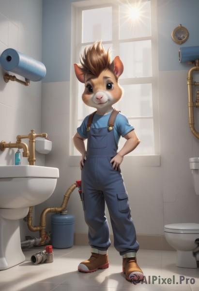 solo,looking at viewer,smile,short hair,blue eyes,brown hair,shirt,1boy,animal ears,standing,tail,full body,short sleeves,male focus,indoors,window,sunlight,blue shirt,child,furry,hands on hips,mouse ears,overalls,furry male,male child,bathroom,mouse,toilet,industrial pipe,faucet,brown eyes,boots,brown footwear,trash can,toothbrush,sink