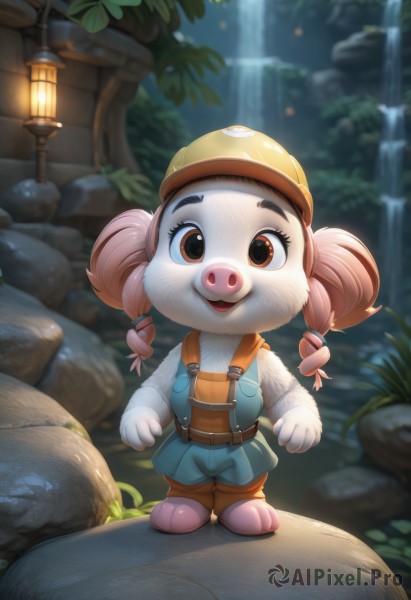 1girl,solo,looking at viewer,smile,open mouth,shirt,hat,twintails,brown eyes,standing,full body,pink hair,braid,:d,outdoors,belt,artist name,water,blurry,twin braids,double bun,blurry background,suspenders,child,furry,lantern,rock,furry female,female child,lamp,overalls,waterfall,yellow headwear,gloves,long sleeves,animal ears,boots,shoes,teeth,tree,eyelashes,brown footwear,helmet,plant,body fur,white fur,lamppost,animal nose,orange footwear,moss,stone,blue overalls