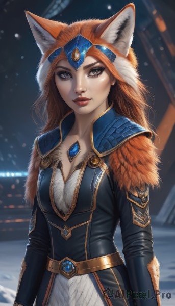 1girl,solo,long hair,breasts,looking at viewer,brown hair,long sleeves,dress,animal ears,cleavage,brown eyes,jewelry,medium breasts,closed mouth,tail,earrings,outdoors,belt,artist name,signature,orange hair,armor,blurry,lips,grey eyes,fur trim,fox ears,makeup,blurry background,lipstick,brooch,gem,snow,eyeshadow,snowing,red lips,fur,small breasts,alternate costume,wolf ears,realistic