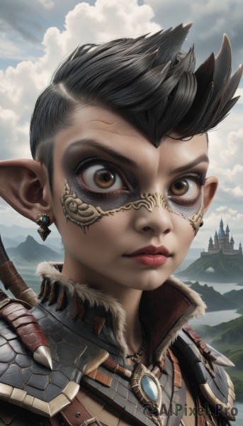 1girl,solo,looking at viewer,short hair,black hair,1boy,brown eyes,jewelry,closed mouth,male focus,earrings,outdoors,sky,day,pointy ears,cloud,necklace,armor,lips,scar,cloudy sky,spiked hair,shoulder armor,portrait,scar on face,close-up,fantasy,upper body,tree,fur trim,makeup,mask,scenery,high collar,mountain,facepaint