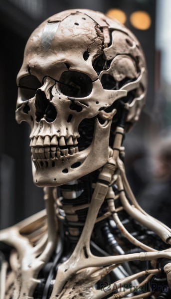 solo,1boy,upper body,male focus,teeth,blurry,no humans,depth of field,blurry background,1other,science fiction,skull,realistic,skeleton,bone,helmet,robot,mecha,cable,ribs,damaged,alien