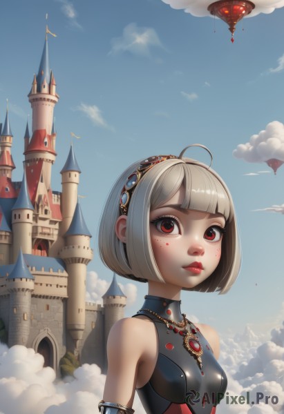 1girl,solo,breasts,looking at viewer,short hair,bangs,red eyes,bare shoulders,jewelry,closed mouth,upper body,ahoge,grey hair,hairband,small breasts,outdoors,sky,sleeveless,day,shiny,artist name,cloud,blunt bangs,necklace,blue sky,lips,eyelashes,blood,makeup,bob cut,cloudy sky,lipstick,building,gem,armlet,nose,red lips,castle,scenery,fantasy,facepaint