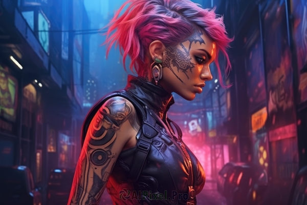 1girl,solo,breasts,short hair,bare shoulders,jewelry,medium breasts,closed mouth,upper body,ponytail,pink hair,earrings,outdoors,sleeveless,blurry,from side,lips,tattoo,profile,makeup,night,blurry background,facial mark,piercing,ground vehicle,motor vehicle,city,realistic,nose,car,arm tattoo,undercut,facial tattoo,cyberpunk,neon lights,dark skin,dark-skinned female,ear piercing,shoulder tattoo,mohawk