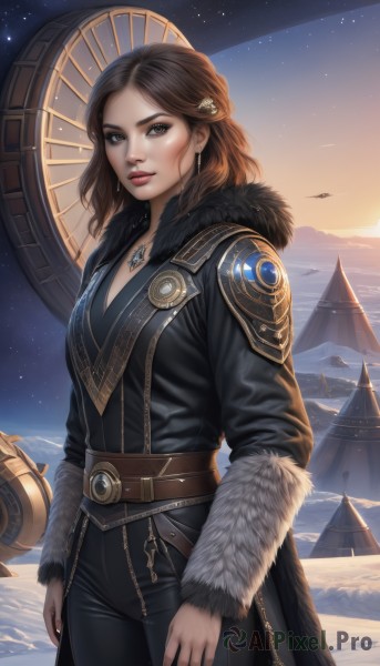 1girl,solo,long hair,breasts,looking at viewer,brown hair,hair ornament,long sleeves,cleavage,brown eyes,jewelry,standing,cowboy shot,earrings,outdoors,sky,belt,pants,medium hair,necklace,lips,coat,fur trim,night,black pants,star (sky),night sky,snow,pendant,starry sky,black coat,mountain,nose,arms at sides,clock,brown belt,leather,ship,tower,medium breasts,ring,realistic