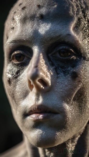 solo,looking at viewer,1boy,brown eyes,closed mouth,male focus,shiny,water,lips,black background,portrait,close-up,realistic,simple background,colored skin,blue skin,bald,eye focus