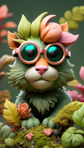 solo,looking at viewer,closed mouth,green eyes,flower,glasses,artist name,blurry,pokemon (creature),no humans,depth of field,blurry background,leaf,grass,plant,goggles,pink flower,freckles,green background,goggles on head,rock,animal focus,outdoors,watermark,sunglasses,facing viewer,web address,straight-on