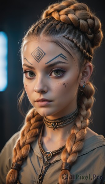 1girl,solo,long hair,looking at viewer,blonde hair,brown hair,jewelry,green eyes,upper body,braid,multicolored hair,earrings,parted lips,choker,artist name,necklace,hair bun,mole,blurry,twin braids,lips,eyelashes,mole under eye,tattoo,makeup,blurry background,facial mark,portrait,hair over shoulder,forehead,freckles,forehead mark,realistic,nose,hair pulled back,multiple braids,black hair,closed mouth,hood,two-tone hair,hoodie,depth of field,black background,facepaint,dark background