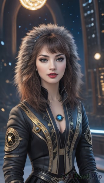 1girl,solo,long hair,breasts,looking at viewer,bangs,brown hair,long sleeves,cleavage,brown eyes,jewelry,medium breasts,collarbone,jacket,upper body,earrings,parted lips,teeth,belt,signature,hood,necklace,blurry,lips,black jacket,grey eyes,fur trim,eyelashes,makeup,night,depth of field,blurry background,lipstick,gem,buckle,pendant,realistic,nose,red lips,blue eyes,sky,city,emblem,leather