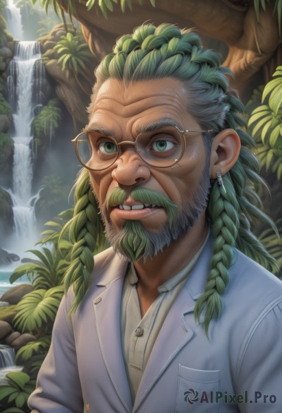 solo,long hair,looking at viewer,shirt,1boy,jewelry,green eyes,jacket,white shirt,upper body,braid,grey hair,male focus,earrings,outdoors,green hair,glasses,day,collared shirt,artist name,signature,water,twin braids,tree,buttons,facial hair,leaf,watermark,plant,nature,beard,black-framed eyewear,realistic,round eyewear,mustache,old,old man,waterfall,parted lips,teeth,lips,dress shirt,clenched teeth,web address,nose,deviantart username