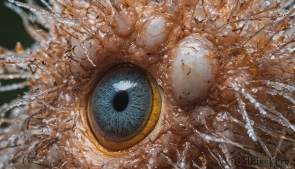 solo,looking at viewer,blue eyes,water,blurry,no humans,close-up,1other,reflection,realistic,one-eyed,eye focus,depth of field,blurry background,scenery,water drop,splashing