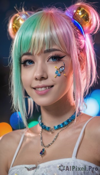 1girl,solo,looking at viewer,smile,short hair,bangs,blue eyes,hair ornament,dress,bare shoulders,jewelry,collarbone,upper body,pink hair,multicolored hair,green hair,teeth,choker,necklace,hair bun,white dress,grin,blurry,two-tone hair,lips,eyelashes,double bun,aqua hair,tattoo,gradient hair,makeup,facial mark,portrait,pendant,realistic,nose,mascara,parted lips,blurry background