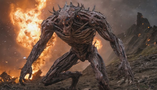 solo,blue eyes,red eyes,standing,outdoors,horns,teeth,no humans,glowing,fire,robot,sharp teeth,glowing eyes,claws,1other,spikes,smoke,science fiction,monster,giant,explosion,ruins,alien,debris,embers,burning,destruction,kaijuu,open mouth,mecha,glowing eye,demon