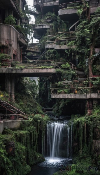 outdoors,day,water,tree,no humans,plant,building,nature,scenery,stairs,city,architecture,ruins,bridge,waterfall,moss,overgrown,bird,vines,real world location