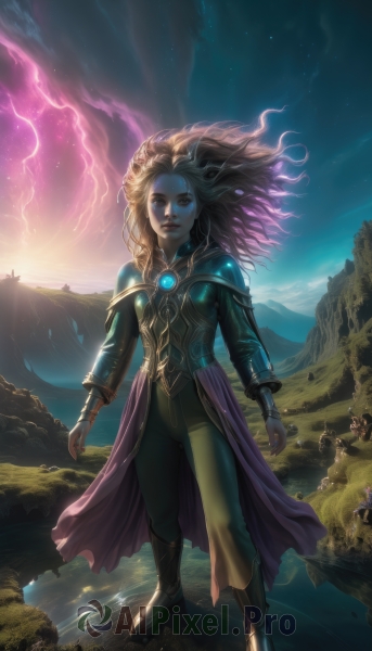 1girl,solo,long hair,looking at viewer,blue eyes,blonde hair,jewelry,standing,full body,multicolored hair,boots,outdoors,sky,solo focus,pointy ears,pants,artist name,cloud,water,armor,lips,bodysuit,night,glowing,colored skin,watermark,facial mark,star (sky),web address,rock,mountain,fantasy,blue skin,tree,gem,forehead mark,realistic