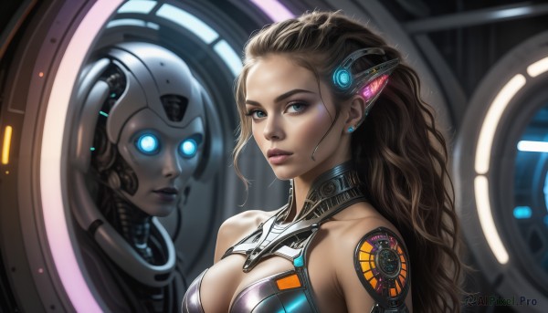 HQ,1girl,solo,long hair,breasts,looking at viewer,blue eyes,multiple girls,large breasts,brown hair,2girls,cleavage,bare shoulders,jewelry,medium breasts,upper body,earrings,lips,makeup,glowing,headgear,wavy hair,robot,lipstick,glowing eyes,science fiction,curly hair,realistic,nose,android,cable,cyborg,cyberpunk,parted lips,earpiece