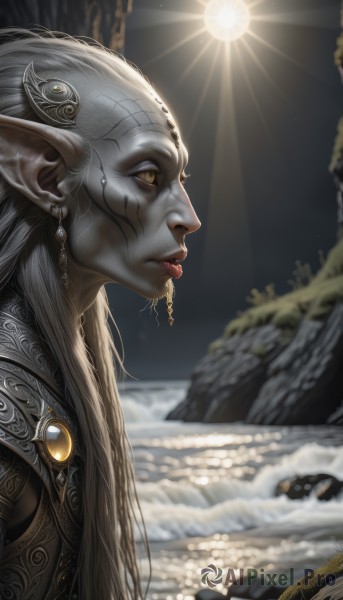 1girl,solo,long hair,jewelry,yellow eyes,upper body,white hair,grey hair,earrings,outdoors,pointy ears,signature,armor,blurry,from side,lips,eyelashes,tattoo,profile,colored skin,chain,facial mark,looking up,elf,gem,realistic,nose,sun,grey skin,long pointy ears,sky,makeup,night,piercing,snow,facepaint,nose piercing