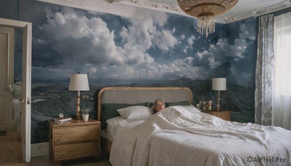 1girl,solo,1boy,closed eyes,lying,sky,cloud,indoors,cup,pillow,window,bed,night,bed sheet,ocean,on bed,table,sleeping,cloudy sky,plant,curtains,scenery,blanket,horizon,lamp,bedroom,under covers,painting (object),flower,male focus,book,no humans,headphones,star (sky),night sky,vase