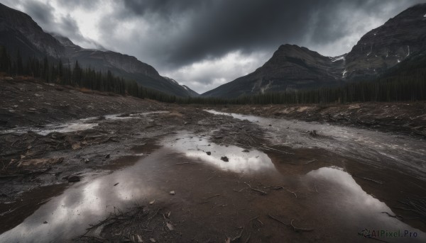 outdoors,sky,day,cloud,water,tree,no humans,bird,cloudy sky,nature,scenery,forest,mountain,road,river,landscape,fog,grass,snow,reflection,rock,mountainous horizon,lake,puddle