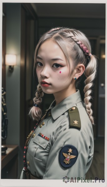 1girl,solo,long hair,looking at viewer,blue eyes,blonde hair,shirt,twintails,jewelry,upper body,braid,earrings,parted lips,collared shirt,belt,indoors,mole,blurry,uniform,black eyes,twin braids,from side,lips,grey eyes,military,military uniform,makeup,blurry background,border,lipstick,white border,freckles,pocket,red lips,stud earrings,lamp,breast pocket,badge,police,police uniform,policewoman,medal,closed mouth,jacket,pink hair,multicolored hair,buttons,forehead,blood on face,realistic,nose,hair tie,dirty,military jacket,dirty face