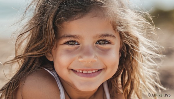 1girl,solo,long hair,looking at viewer,smile,open mouth,brown hair,brown eyes,green eyes,teeth,grin,blurry,lips,blurry background,wind,messy hair,portrait,realistic,:d,outdoors,eyelashes,floating hair,close-up