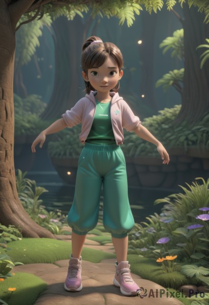 1girl,solo,looking at viewer,brown hair,shirt,brown eyes,standing,jacket,full body,ponytail,flower,outdoors,open clothes,shoes,pants,hood,water,hair bun,open jacket,tree,lips,single hair bun,grass,outstretched arms,sneakers,child,nature,forest,green shirt,drawstring,female child,baggy pants,long hair,smile,short hair,short sleeves,hoodie,scrunchie,pink footwear,mushroom