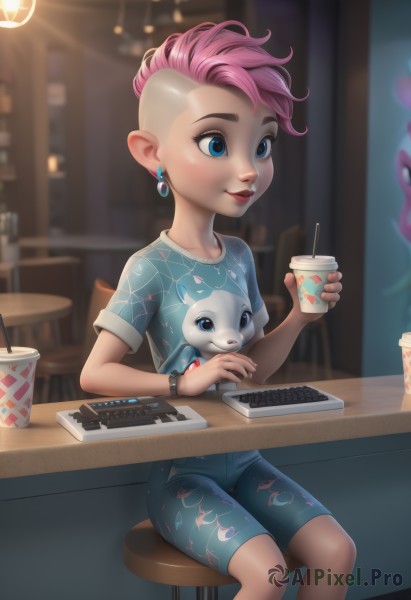 1girl,solo,smile,short hair,blue eyes,shirt,holding,jewelry,sitting,pink hair,short sleeves,multicolored hair,earrings,shorts,pointy ears,artist name,indoors,blurry,bracelet,two-tone hair,cup,lips,makeup,blurry background,chair,blue shirt,lipstick,t-shirt,holding cup,blue shorts,watch,drinking straw,nose,drink,wristwatch,disposable cup,undercut,print shirt,mohawk,closed mouth,watermark,aged down,denim,casual,child,web address,asymmetrical hair,dog,very short hair,bubble tea