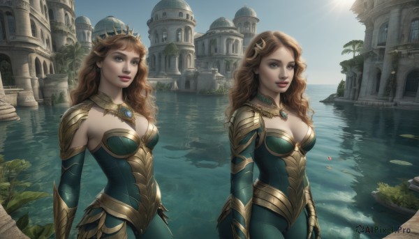 long hair,breasts,looking at viewer,smile,blue eyes,multiple girls,large breasts,brown hair,hair ornament,dress,2girls,cleavage,brown eyes,jewelry,medium breasts,standing,outdoors,detached sleeves,sky,day,water,necklace,armor,tree,lips,siblings,wavy hair,crown,plant,sisters,building,gem,dual persona,reflection,green dress,twins,realistic,fantasy,arms at sides,castle,lake,lily pad,reflective water,blonde hair,gloves,blue sky,bodysuit,sunlight,tiara,shoulder armor,gauntlets,scenery,curly hair,sun,watercraft,green gloves,boat,green bodysuit