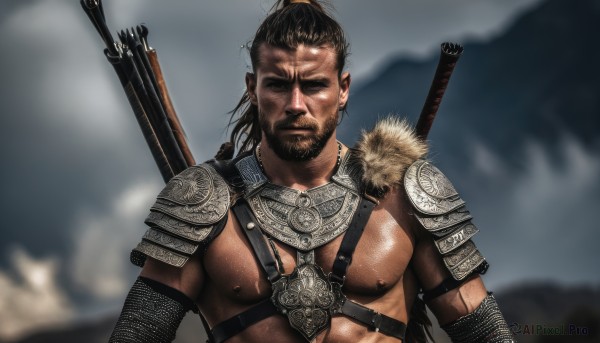 solo,long hair,brown hair,black hair,1boy,closed mouth,nipples,closed eyes,upper body,ponytail,weapon,male focus,outdoors,sword,armor,blurry,muscular,blurry background,facial hair,scar,pectorals,muscular male,shoulder armor,bara,facing viewer,beard,scar on face,pauldrons,realistic,bare pectorals,strap,harness,chest hair,quiver,weapon on back,single pauldron,chainmail,sword behind back,looking at viewer,short hair,large pectorals,mature male,manly