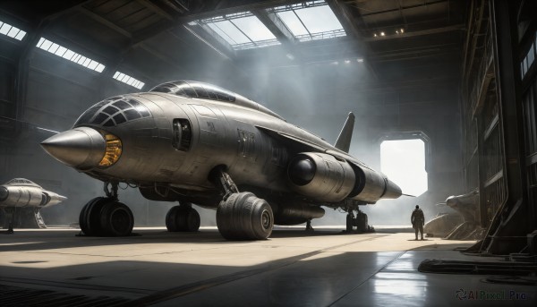 HQ,multiple boys,indoors,signature,2boys,military,window,helmet,science fiction,realistic,aircraft,military vehicle,airplane,vehicle focus,spacecraft,jet,fighter jet,pilot,solo,1boy,standing,shadow,sunlight,scenery,light rays,light