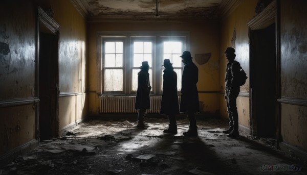 short hair,hat,standing,male focus,multiple boys,indoors,coat,gun,window,shadow,sunlight,3boys,4boys,door,silhouette,dark,hallway,1girl,2boys,scenery,horror (theme)