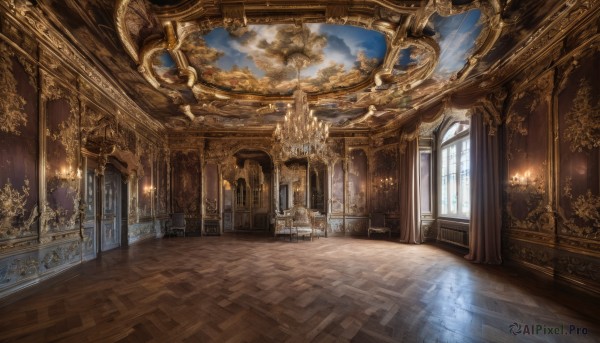 sky,day,cloud,indoors,no humans,window,sunlight,scenery,smoke,reflection,wooden floor,stairs,door,candle,architecture,pillar,painting (object),carpet,arch,candlestand,chandelier,column,tree,blue sky,chair,cloudy sky,fire,plant,fantasy,tile floor,throne