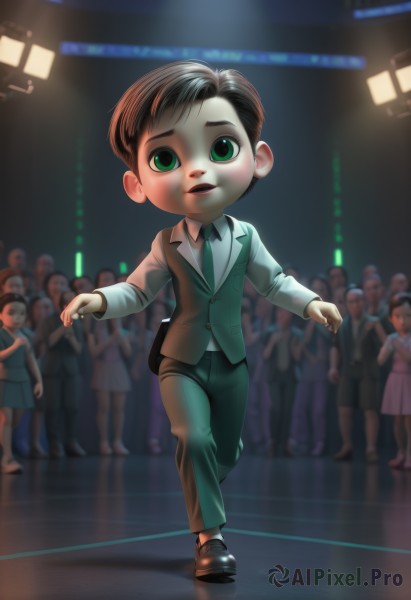 solo,looking at viewer,short hair,brown hair,shirt,black hair,long sleeves,1boy,dress,green eyes,standing,jacket,full body,white shirt,male focus,parted lips,multiple boys,necktie,shoes,solo focus,collared shirt,pants,artist name,black footwear,blurry,vest,blurry background,formal,suit,child,black necktie,reflection,walking,male child,dancing,green vest,green necktie,brown vest,green pants,crowd,smile,open mouth,multiple girls