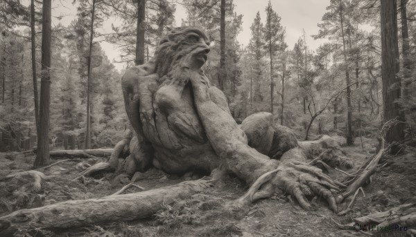 solo,1boy,sitting,monochrome,weapon,greyscale,male focus,outdoors,sword,tree,no humans,blood,traditional media,nature,scenery,forest,monster,death,corpse,lying,bird,plant,realistic,horror (theme)