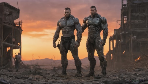 short hair,black hair,standing,full body,weapon,male focus,outdoors,multiple boys,sky,dark skin,2boys,armor,bodysuit,muscular,facial hair,abs,pectorals,muscular male,building,bara,beard,large pectorals,science fiction,topless male,sunset,mature male,mechanical arms,manly,ruins,cyborg,rubble,cloud,torn clothes,fire,crossover,very short hair,destruction