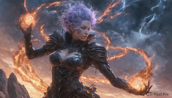 1girl,solo,breasts,short hair,large breasts,cleavage,medium breasts,closed eyes,upper body,purple hair,outdoors,sky,cloud,armor,lips,clothing cutout,floating hair,glowing,facial mark,cleavage cutout,cloudy sky,fire,shoulder armor,pauldrons,realistic,nose,fantasy,electricity,magic,lightning,gauntlets,breastplate,mountain