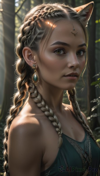 1girl,solo,long hair,breasts,looking at viewer,brown hair,dress,animal ears,cleavage,bare shoulders,brown eyes,jewelry,closed mouth,collarbone,upper body,braid,earrings,small breasts,outdoors,day,artist name,cat ears,dark skin,mole,blurry,twin braids,dark-skinned female,tree,lips,eyelashes,depth of field,blurry background,sunlight,gem,nature,forehead,forest,freckles,mole on breast,circlet,realistic,nose,dappled sunlight,mole on neck,multiple braids,black hair,medium breasts,yellow eyes,parted lips,necklace,from side,animal ear fluff,facial mark,piercing,backlighting