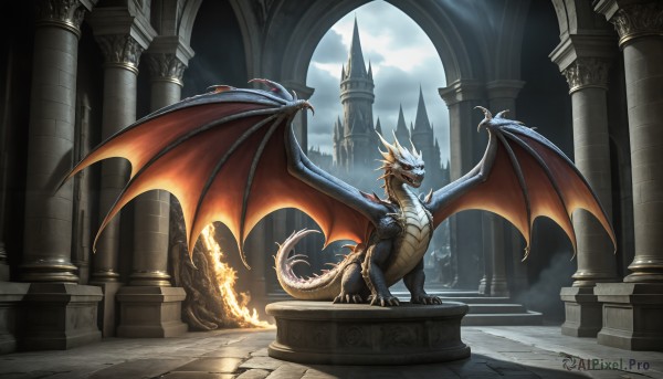 HQ,solo,open mouth,red eyes,standing,tail,outdoors,wings,horns,sky,teeth,cloud,no humans,fangs,cloudy sky,fire,sharp teeth,scenery,claws,dragon horns,fantasy,dragon,dragon tail,scales,ruins,pillar,castle,flame,statue,dragon wings,arch,column,breathing fire,day,glowing,architecture