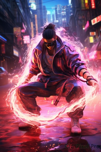 solo,looking at viewer,short hair,shirt,black hair,1boy,jewelry,jacket,full body,white shirt,male focus,outdoors,open clothes,shoes,pants,artist name,blurry,bracelet,open jacket,mask,night,blurry background,glowing,squatting,white footwear,fire,blue jacket,building,sneakers,glowing eyes,sleeves rolled up,city,mouth mask,topknot,city lights,black mask,neon lights,holding,weapon,boots,sword,fur trim,black pants,katana,baggy pants,cyberpunk