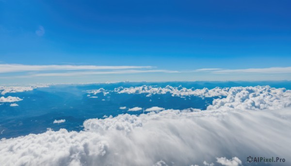 monochrome,outdoors,sky,day,cloud,blue sky,no humans,ocean,moon,scenery,blue theme,city,horizon,cityscape,landscape,above clouds,signature,water,waves