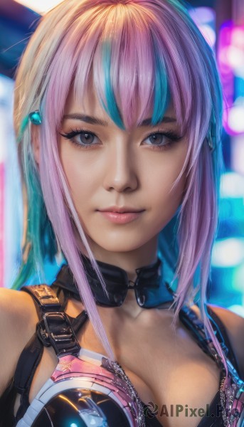 1girl,solo,long hair,breasts,looking at viewer,bangs,large breasts,hair ornament,cleavage,bare shoulders,brown eyes,medium breasts,closed mouth,blue hair,upper body,pink hair,multicolored hair,blurry,two-tone hair,lips,streaked hair,eyelashes,aqua hair,blurry background,portrait,science fiction,realistic,cyberpunk,smile,choker