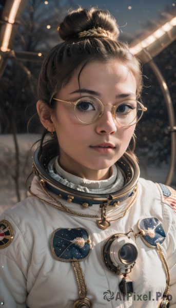 1girl,solo,looking at viewer,brown hair,black hair,jewelry,upper body,earrings,parted lips,glasses,hair bun,blurry,black eyes,lips,blurry background,single hair bun,freckles,realistic,round eyewear,space,hair pulled back,spacesuit,yellow-framed eyewear,astronaut,artist name,star (sky),forehead,backlighting,nose