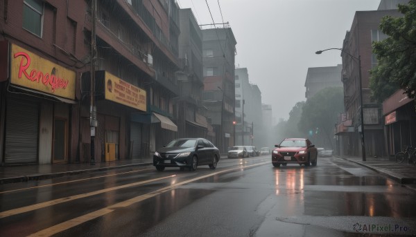 outdoors,sky,cloud,tree,no humans,window,ground vehicle,building,scenery,motor vehicle,reflection,rain,city,sign,car,road,vehicle focus,power lines,lamppost,street,utility pole,road sign,puddle,grey sky,traffic light,sports car,crosswalk,sidewalk,day,cityscape