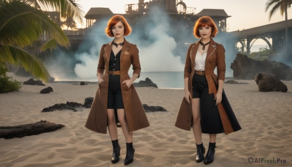 breasts,looking at viewer,smile,short hair,bangs,multiple girls,skirt,brown hair,shirt,2girls,cleavage,jewelry,medium breasts,closed mouth,standing,jacket,full body,white shirt,earrings,boots,outdoors,open clothes,choker,belt,black skirt,water,necklace,black footwear,orange hair,black dress,high heels,tree,lips,coat,black choker,building,pencil skirt,open coat,brown jacket,rock,hands in pockets,palm tree,ankle boots,brown coat,bow,brown eyes,red hair,shorts,makeup,black shorts,lipstick,freckles,red lips