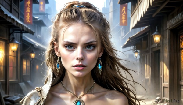 HQ,1girl,solo,long hair,looking at viewer,blonde hair,brown hair,hair ornament,bare shoulders,brown eyes,jewelry,collarbone,earrings,outdoors,parted lips,teeth,day,necklace,lips,feathers,building,gem,portrait,forehead,lantern,realistic,architecture,hair pulled back,blue eyes,window,sunlight,pendant,nose,east asian architecture