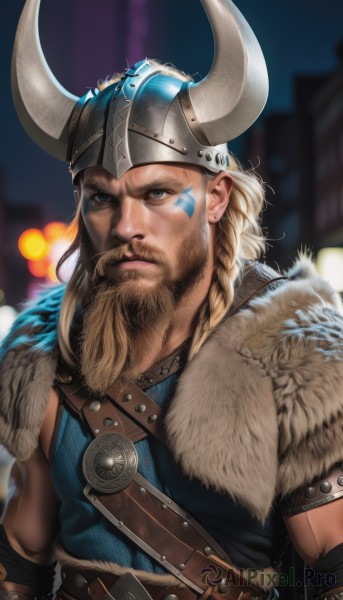 solo,long hair,blue eyes,blonde hair,1boy,jewelry,closed mouth,upper body,braid,male focus,outdoors,horns,belt,artist name,signature,armor,blurry,fur trim,muscular,night,blurry background,facial hair,facial mark,helmet,beard,realistic,mustache,fake horns,manly,horned headwear,horned helmet,looking at viewer,brown hair,multicolored hair,tattoo,serious