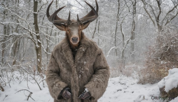 solo,looking at viewer,gloves,long sleeves,1boy,holding,weapon,male focus,outdoors,day,holding weapon,tree,coat,gun,no humans,animal,holding gun,nature,scenery,snow,brown gloves,forest,snowing,antlers,winter,bare tree,deer,open mouth,horns,ring,brown coat,reindeer