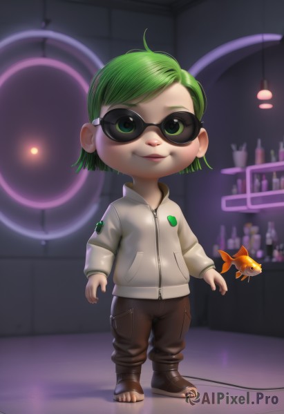 1girl,solo,smile,short hair,green eyes,standing,jacket,full body,green hair,pants,indoors,sandals,sunglasses,child,fish,realistic,looking at viewer,chibi,lips,zipper