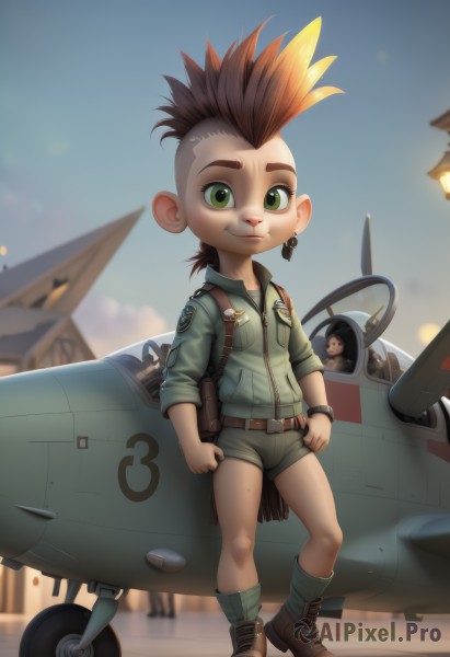 1girl,solo,looking at viewer,smile,brown hair,1boy,animal ears,jewelry,closed mouth,green eyes,jacket,full body,ponytail,weapon,male focus,earrings,boots,outdoors,shorts,socks,belt,military,short shorts,child,furry,sleeves rolled up,watch,green jacket,aircraft,wristwatch,airplane,male child,jet,helicopter,pilot,standing,sky,blurry,bracelet,blurry background,spiked hair,badge,mohawk