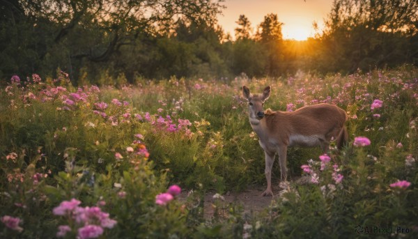 flower, outdoors, sky, blurry, tree, no humans, animal, sunlight, grass, nature, scenery, pink flower, sunset, rabbit, field, deer